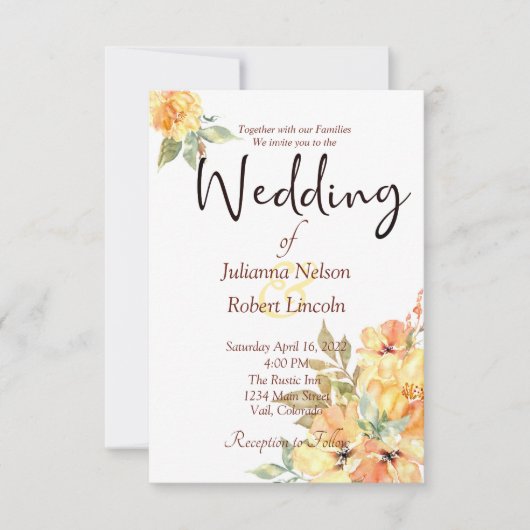 Invitation de mariage florale à l'aquarelle orange (Devant)