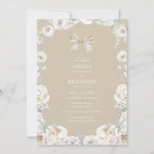 Invitation de mariage florale à noeud coquette or (Devant)
