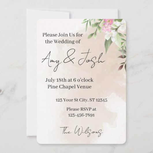 Invitation de mariage florale aquarelle (Devant)