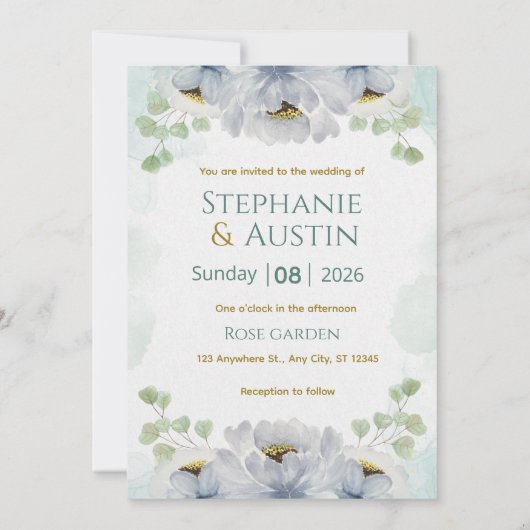 Invitation de mariage florale aquarelle bleu vert (Dos)