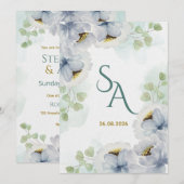 Invitation de mariage florale aquarelle bleu vert (Devant / Derrière)
