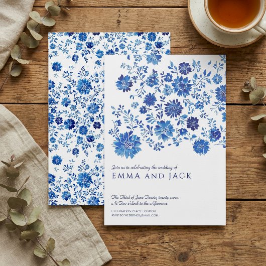 Invitation de mariage florale aquarelle bleue