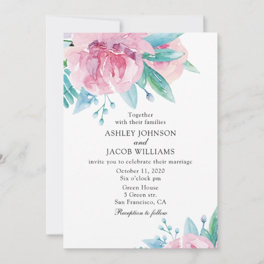 Invitation de mariage florale aquarelle. Fleurs ro (Devant)