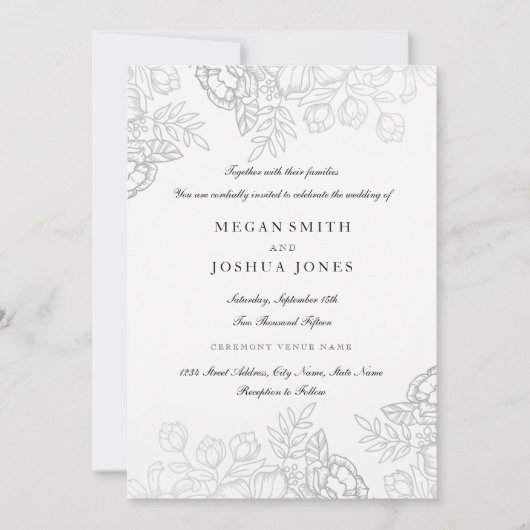 Invitation de mariage florale argentée élégante (Devant)
