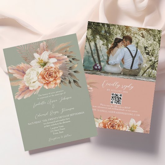 Invitation de mariage florale au QR code avec pêch