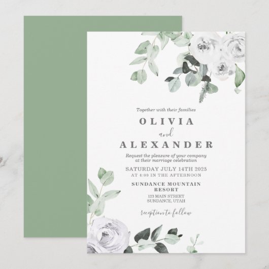 Invitation de mariage florale aux roses blanches e (Devant / Derrière)