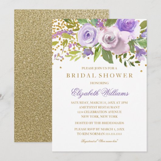 Invitation de mariage florale avec éclat doré pour (Devant / Derrière)