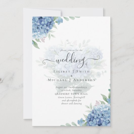 Invitation de mariage florale avec hortensia bleu (Devant)