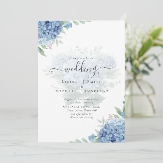 Invitation de mariage florale avec hortensia bleu (Debout devant)