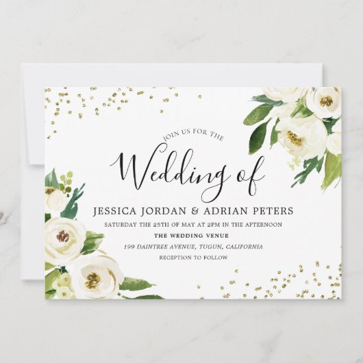 Invitation de mariage florale blanche moderne doré (Devant)