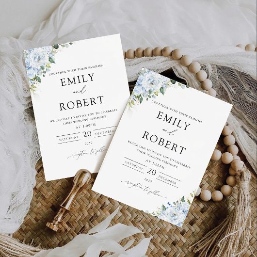 Invitation de mariage florale bleu clair romantiqu