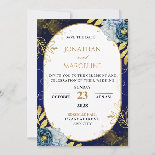Invitation de mariage florale bleu foncé et or (Devant)