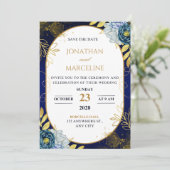 Invitation de mariage florale bleu foncé et or (Debout devant)