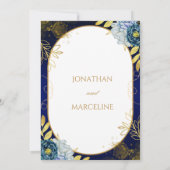 Invitation de mariage florale bleu foncé et or (Dos)