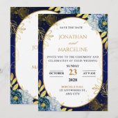 Invitation de mariage florale bleu foncé et or (Devant / Derrière)
