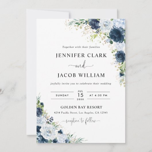 Invitation de mariage florale bleu marine (Devant)