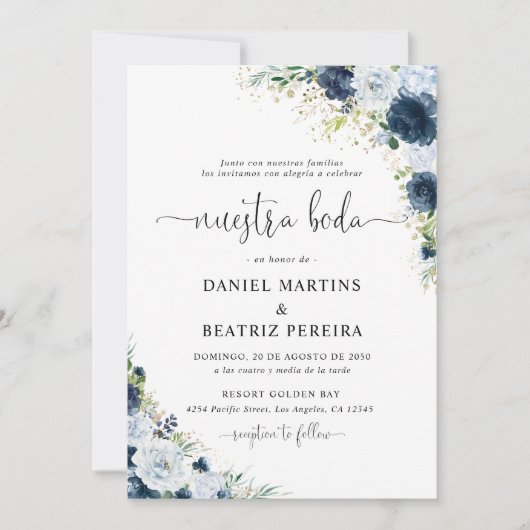 Invitation de mariage florale bleu marine (Devant)