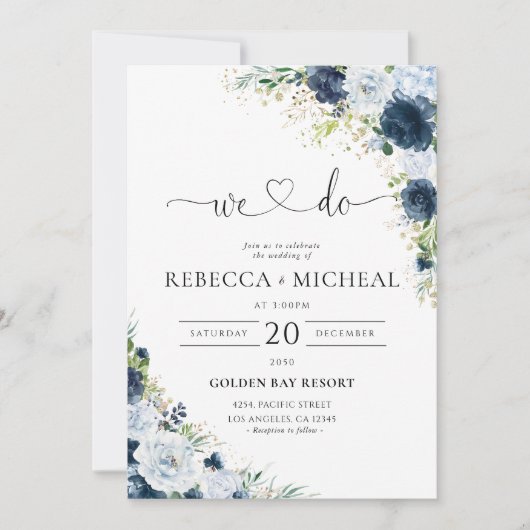 Invitation de mariage florale bleu marine (Devant)