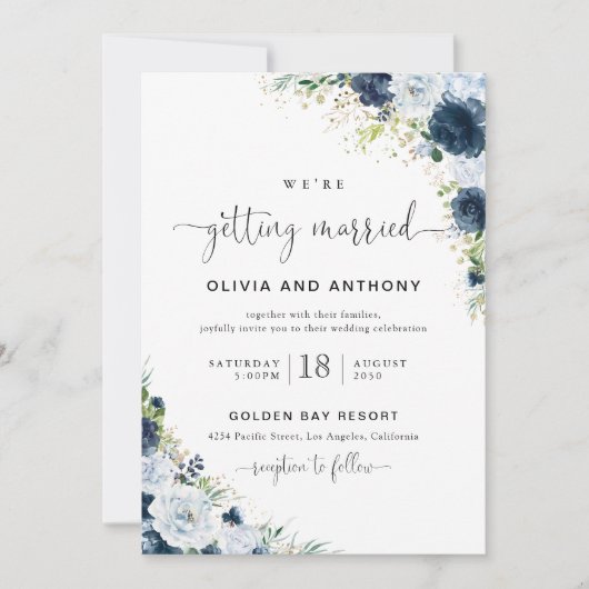 Invitation de mariage florale bleu marine (Devant)