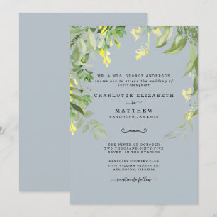 Invitation de mariage florale bleu poussiéreux et