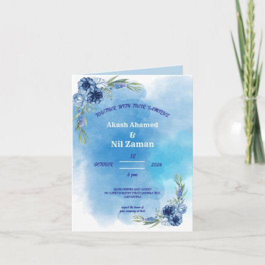 Invitation de mariage florale bleue élégante (Devant)