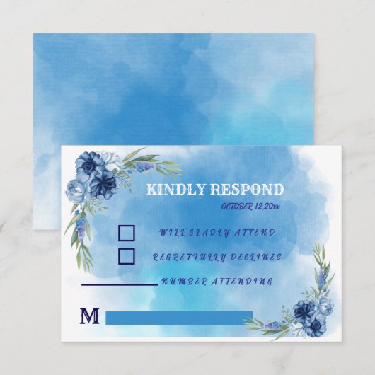 Invitation de mariage florale bleue élégante (Devant / Derrière)