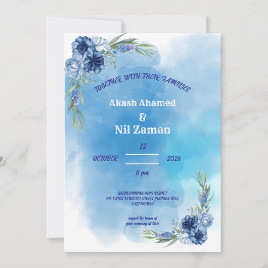 Invitation de mariage florale bleue élégante (Devant)