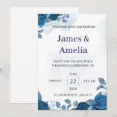 Invitation de mariage florale bleue élégante (Devant / Derrière)