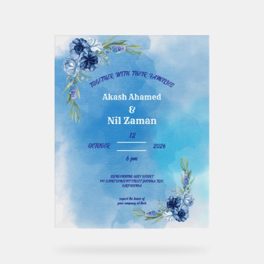 Invitation de mariage florale bleue élégante (Recto)