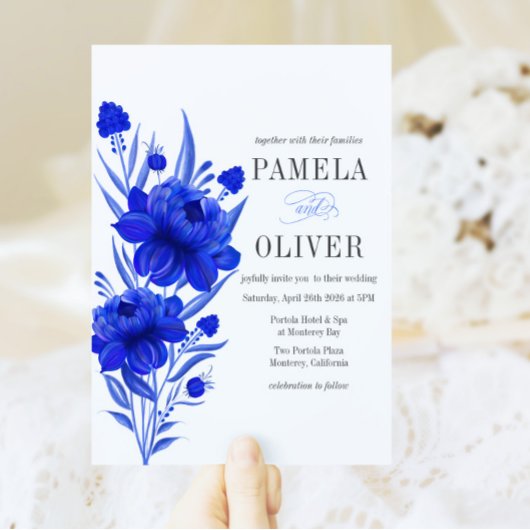 Invitation de mariage florale bleue élégante