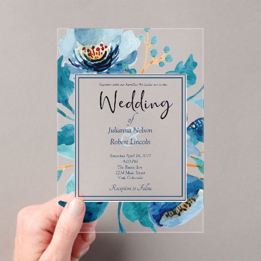 Invitation de mariage florale bleue élégante (In situ (ordinateur de poche))