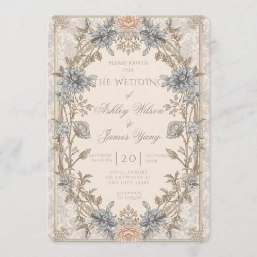 Invitation de mariage florale bleue et or (Devant)