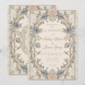 Invitation de mariage florale bleue et or (Devant / Derrière)