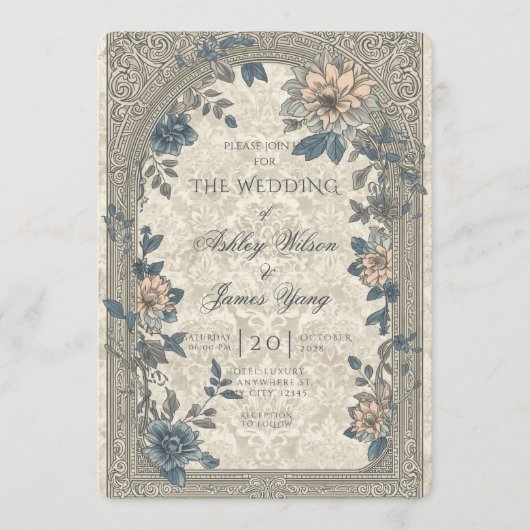 Invitation de mariage florale bleue et or (Devant)