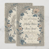 Invitation de mariage florale bleue et or (Devant / Derrière)