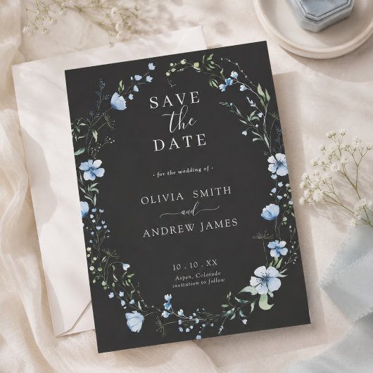 Invitation de mariage florale boho noire | Bleu so