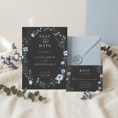 Invitation de mariage florale boho noire | Bleu so