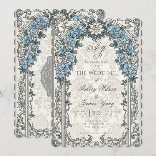 Invitation de mariage florale botanique bleu gris (Devant / Derrière)