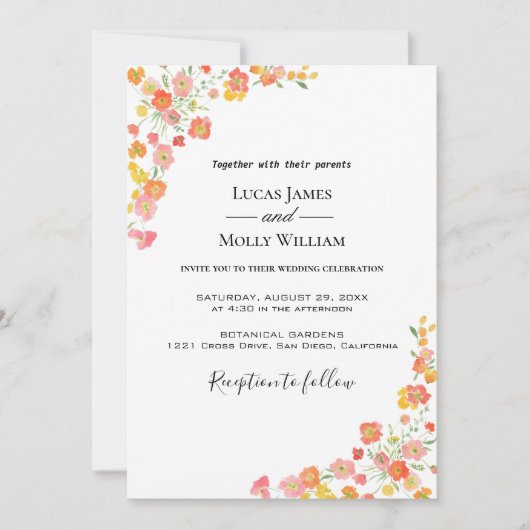 Invitation de mariage florale d'été rose et orange (Devant)