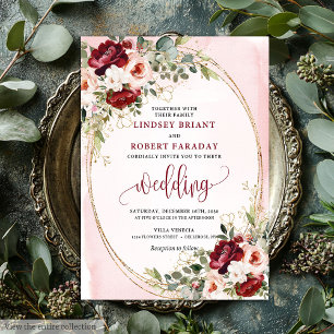 Invitation de mariage florale dorée Merlot Boho Cl