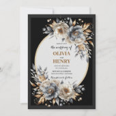 Invitation de mariage florale élégante noir et or (Devant)