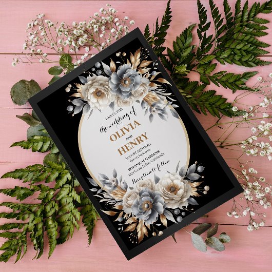 Invitation de mariage florale élégante noir et or