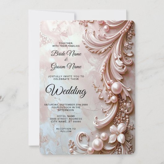 Invitation de mariage florale et perle ornée rose (Devant)
