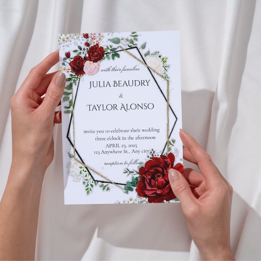 Invitation de mariage florale géométrique rouge