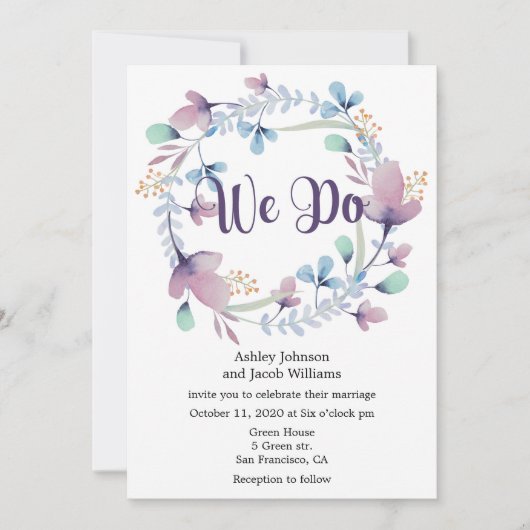 Invitation de mariage florale. Invitation bleue et (Devant)
