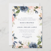 Invitation de mariage florale marine et rose blush (Devant)