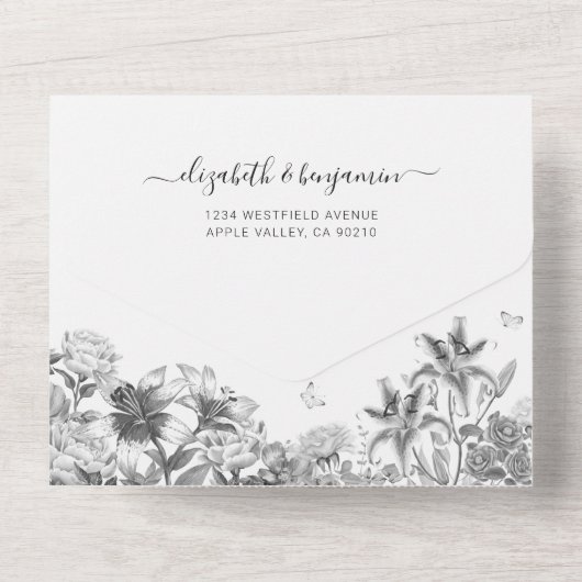 Invitation de mariage florale noir et blanc tout-e (Verso)