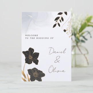 Invitation de mariage florale noire et or élégante