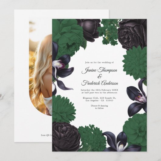 Invitation de mariage florale noire et verte forêt (Devant / Derrière)