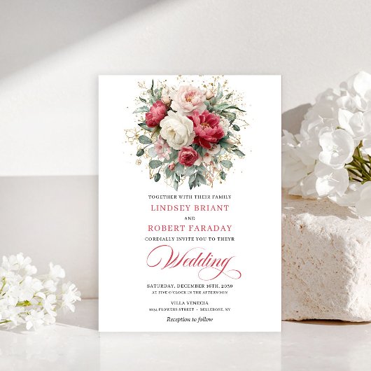 Invitation de mariage florale or rouge boho classi